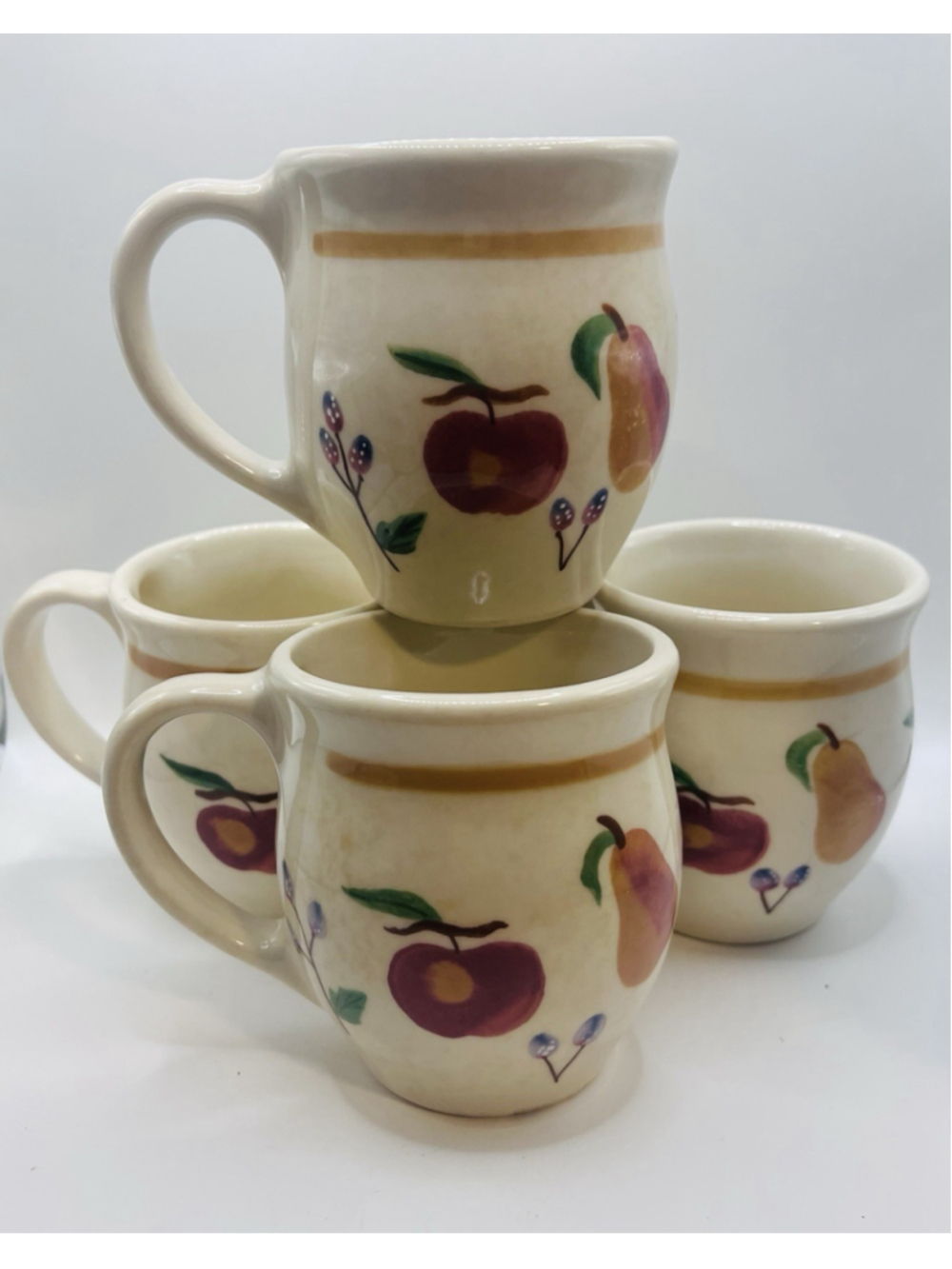 Longaberger Fruit Medley Pottery Coffee Tea Mugs ~Set Of 4~ 4.5” Made In USA